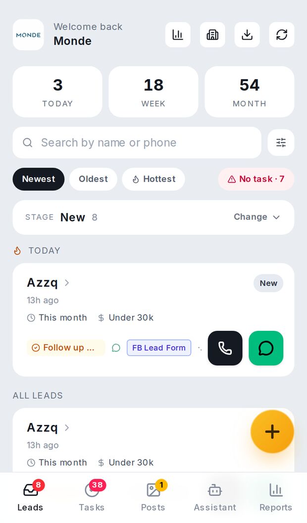Leads screen of the client app