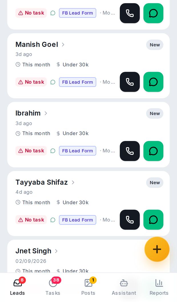 Leads screen, scrolled
