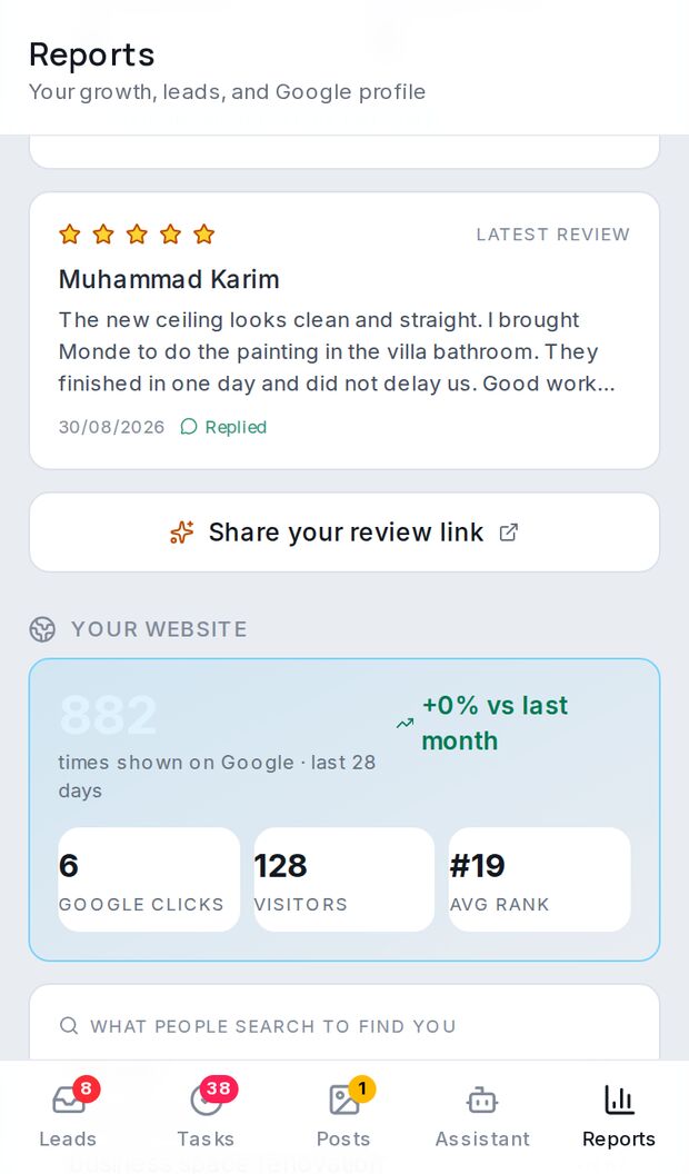 Latest Google review and website numbers