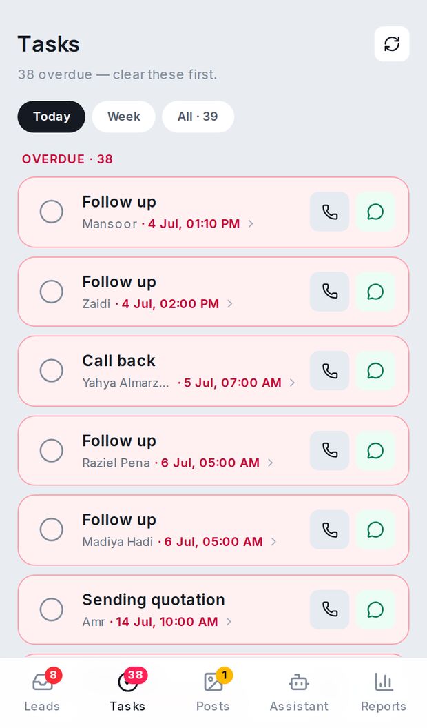 Tasks screen