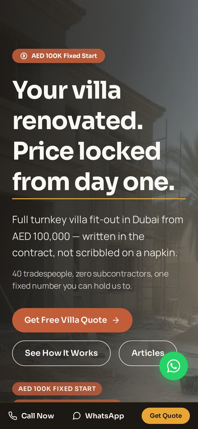 The same page on a phone, with Call, WhatsApp and Get Quote pinned to the bottom